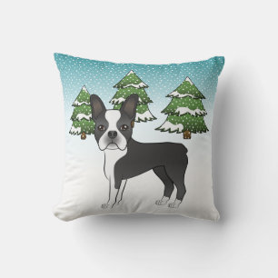 Coussin Terrier de Boston noir dans une forêt hivernale