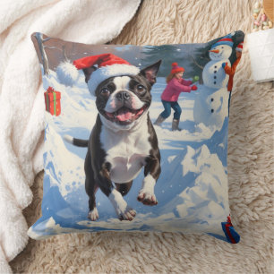 Coussin Terrier de Boston Scène de neige festive de Noël