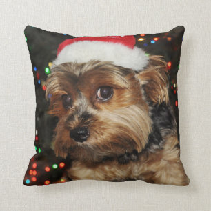 Coussin Terrier du Petit Yorkshire avec Santa Hat
