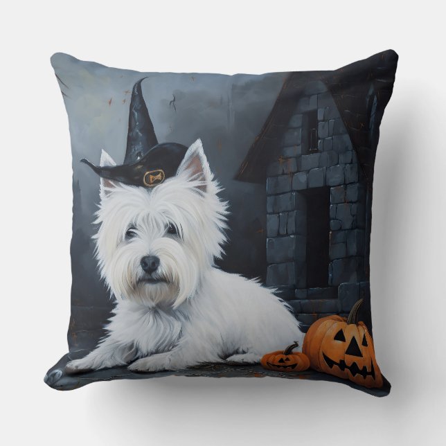 Coussin Terrier West Highland Blanc Citrouille Halloween (Recto)