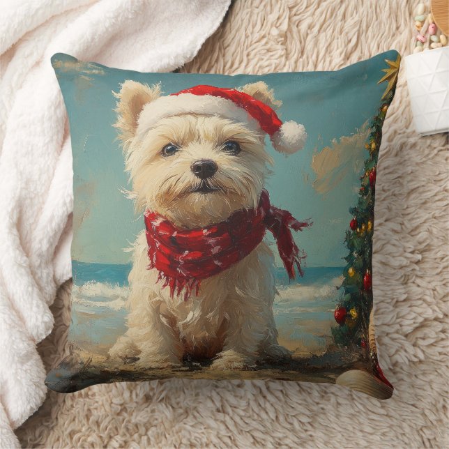 Coussin Térrier West Highland White de Noël à la Plage (Couverture)