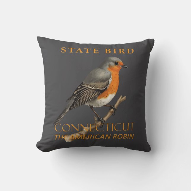 Coussin Territoire du Connecticut Oiseau Le Turdus Migrato (Recto)