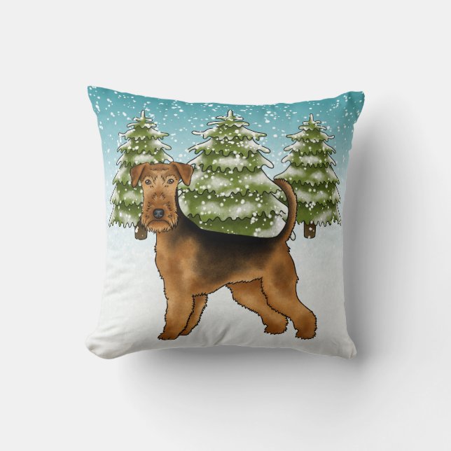 Coussin Tervueren Airedale dans une forêt enneigée en hive (Recto)