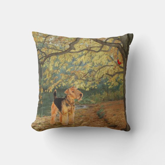 Coussin Tervueren Airedale en observation d'oiseaux (Recto)