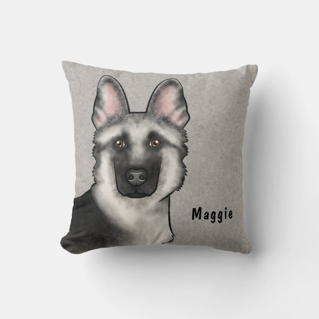 Coussin Tête de Berger Allemand Silver Sable et nom person (Recto)