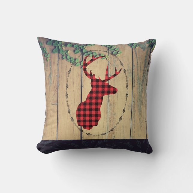 Coussin Tête de cerf avec Antlers - Red Plaid Rustic (Recto)