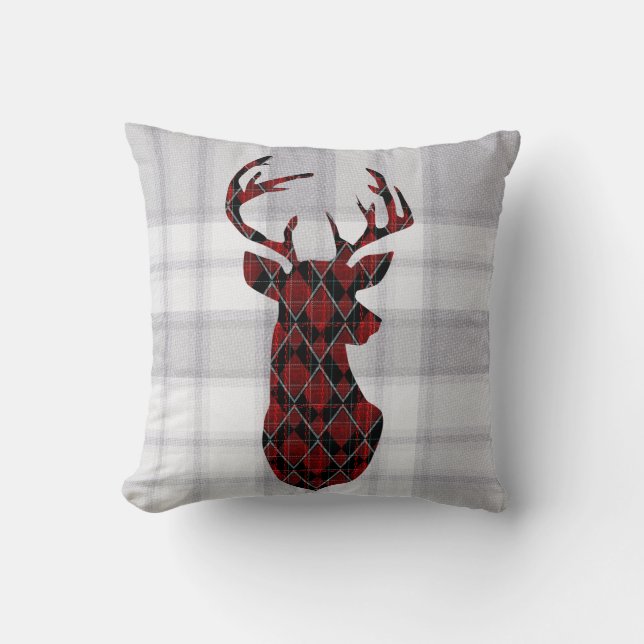 Coussin Tête de cerf de Noël, à damiers, rouge et noir (Recto)