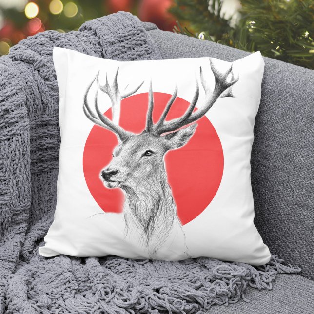 Coussin Tête de cerf Dessin de cerf Cercle rouge Art anima (Créateur téléchargé)