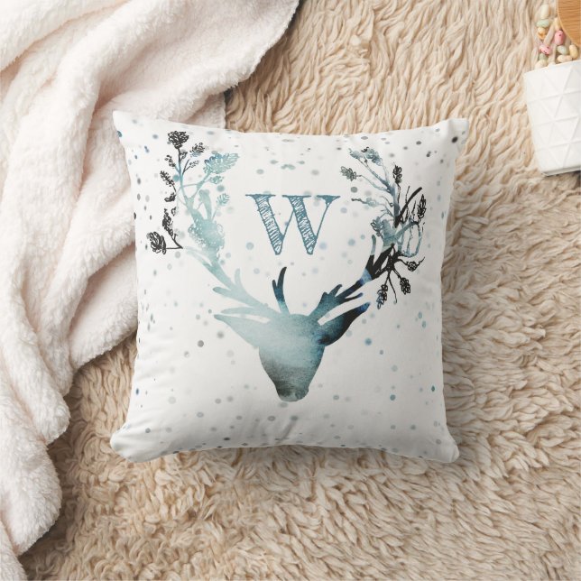 Coussin Tête de cerf d'hiver Monogramme Bleu Argent Noël (Couverture)