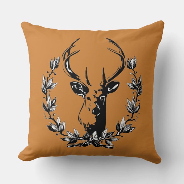 Coussin Tête de cerf rustique dans des feuilles de laurier (Recto)