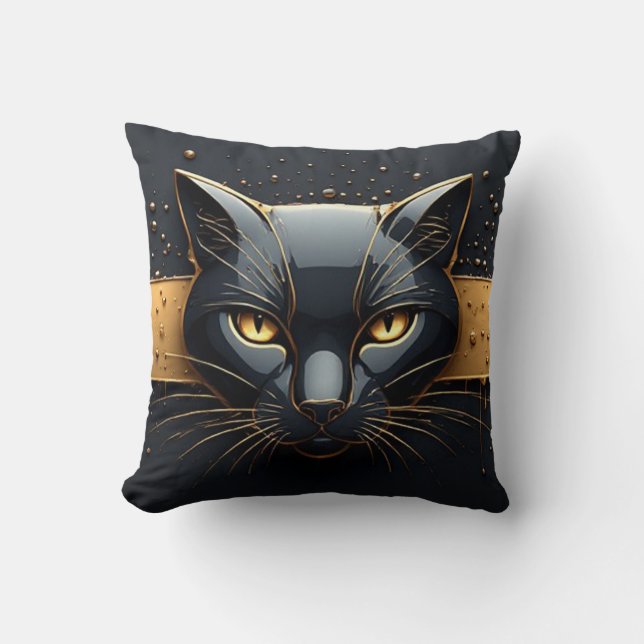 Coussin Tête de chat noir avec design à gouttes d'or 🐈 (Recto)