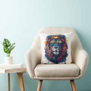 Coussin Tête de lion gras avec lunettes de soleil et couro