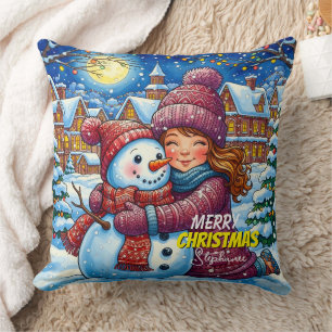 Coussin Tête de lit Noël Bonhomme de neige et fille