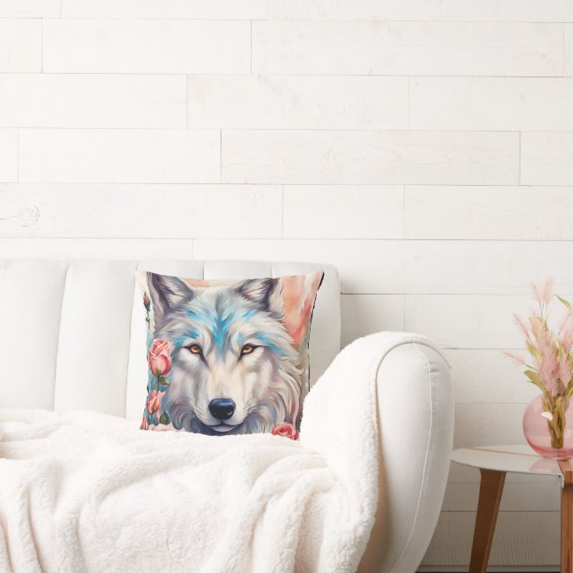 Coussin tête de loup blanc rose roses peinture de la faune (Canapé)