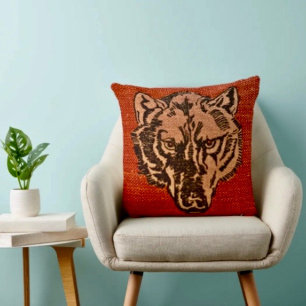 Coussin Tête de loup sur fond rouge