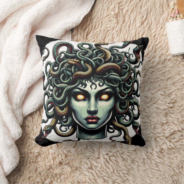 Coussin Tête de Méduse verte pensive pleine de Serpents (Couverture)