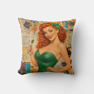 Coussin Tête de pin-up rousse vintage – Fille au Martini G