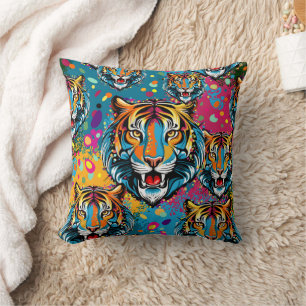 Coussin Tête de tigre couleurs arc-en-ciel peinture taches
