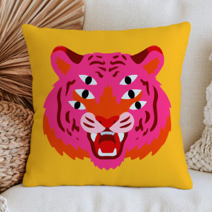 Coussin Tête de Tigre Rugissant Funky en Jaune Maximaliste