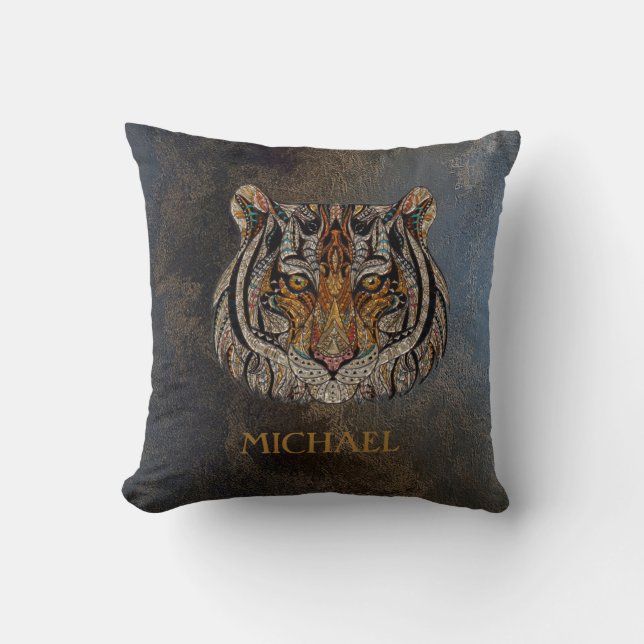 Coussin Tête de tigre, visage, aspect cuir  (Recto)