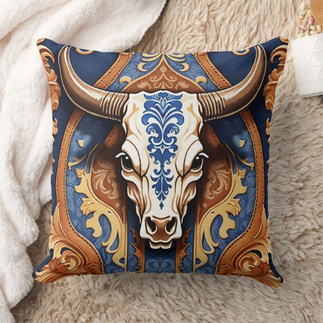 Coussin Tête de vache en cuir western style ranch ouvragé (Couverture)