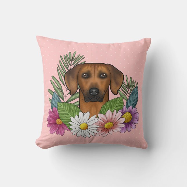 Coussin Tête Rhodesian Ridgeback Et Fleurs sauvages D'Été (Recto)