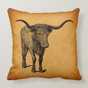 Coussin Texas Longhorn Bull Russe Vintage Western Art