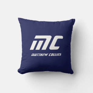Coussin Texte Blanc Nom Minimaliste Monogramme Bleu Modern