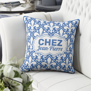 Coussin Texte français personnalisé bleu et blanc Fleur de