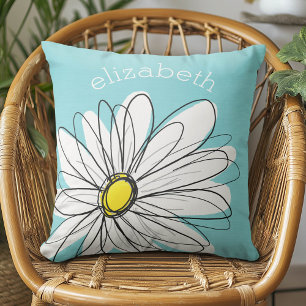 Coussin Texte personnalisé Aqua et Jaune Whimsical Daisy