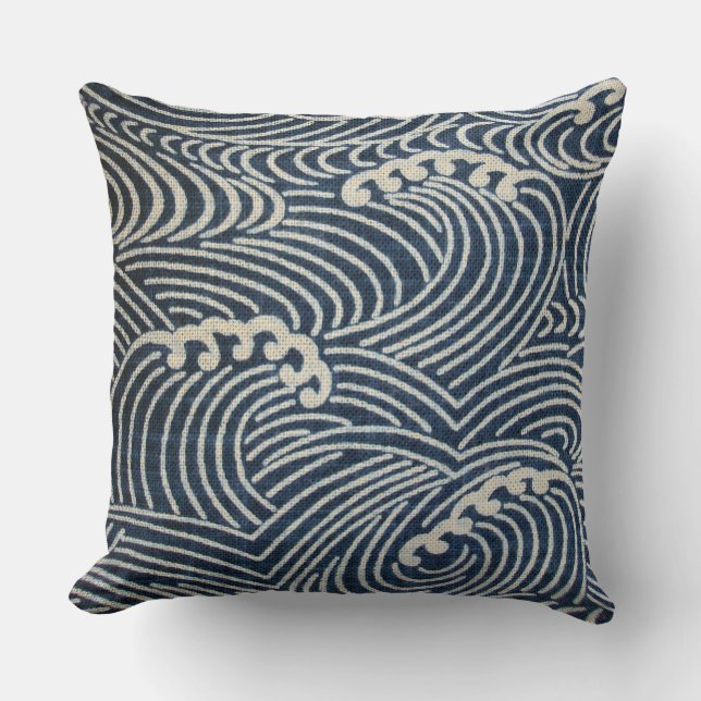 Coussin Textile japonais vintage, Wave Motif Jeter Pillo (Recto)