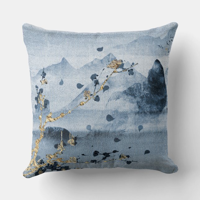 Coussin texturé bleu or paysage tissu (Verso)