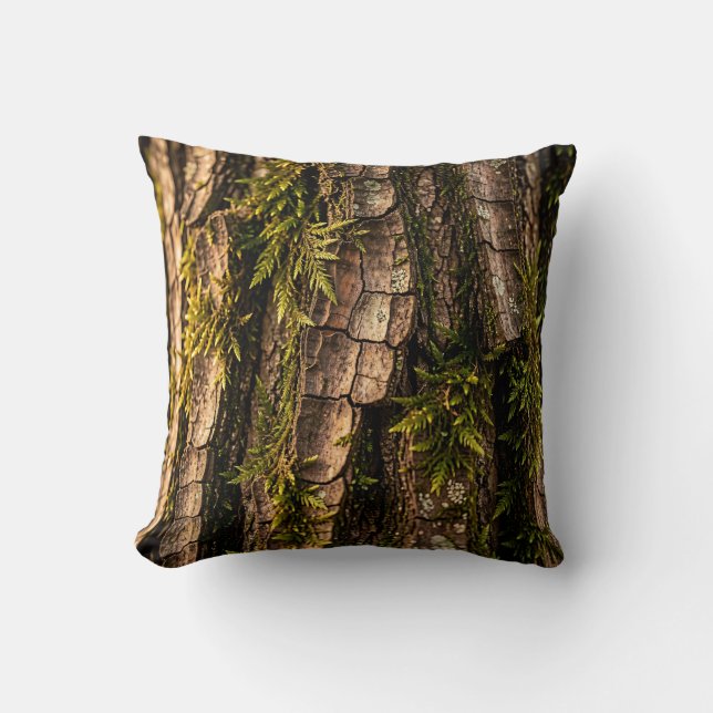 Coussin Texture de forêt d'écorce d'arbre moussu (Recto)