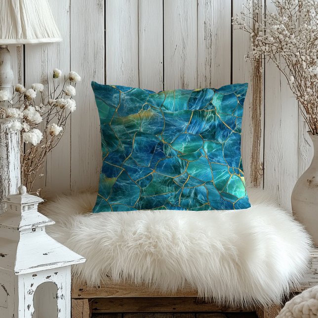 Coussin Texture de marbre bleu sarcelle avec veines dorées (Créateur téléchargé)