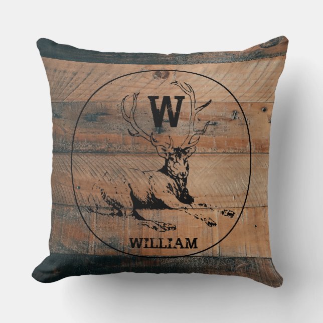 Coussin Texture en bois rustique et monogramme de cerfs su (Recto)