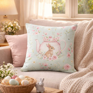 Coussin Théière de Pâques florale Lapin Fantaisiste