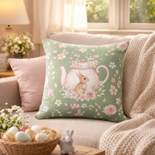 Coussin Théière de Pâques florale lapin fantaisiste