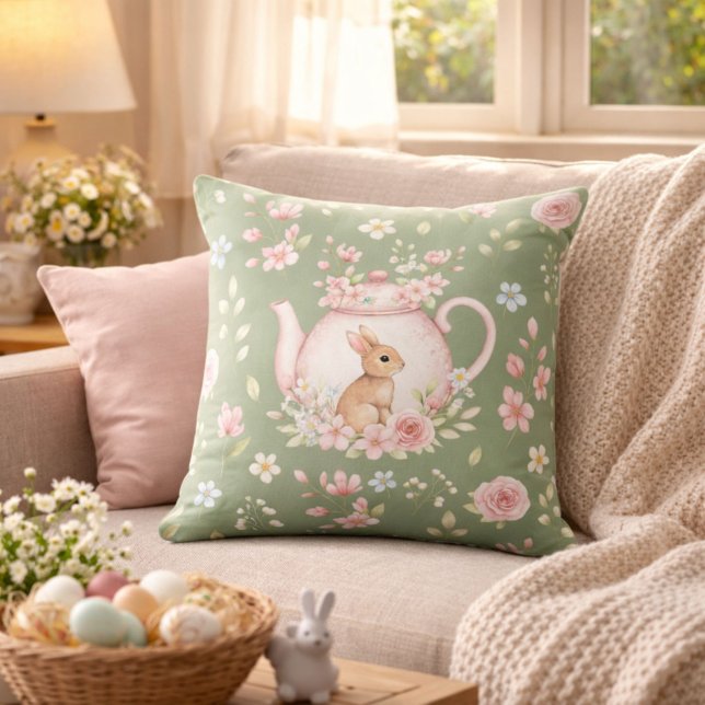 Coussin Théière de Pâques florale lapin fantaisiste (Créateur téléchargé)