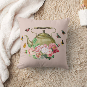 Coussin Théière Fête Rose Fleurs et Papillons