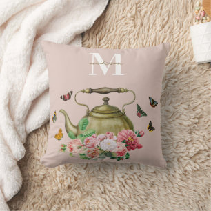Coussin Théière Fleurs Roses et Papillons Monogramme