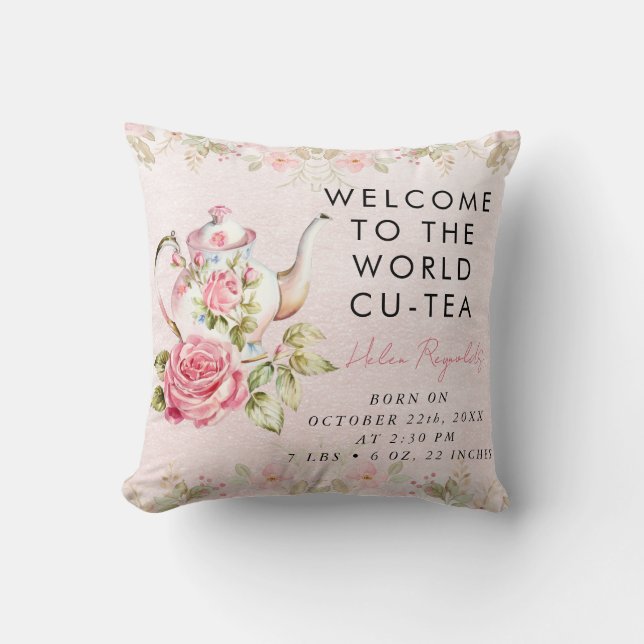 Coussin Théière souvenir statistiques de naissance Bébé Fi (Recto)