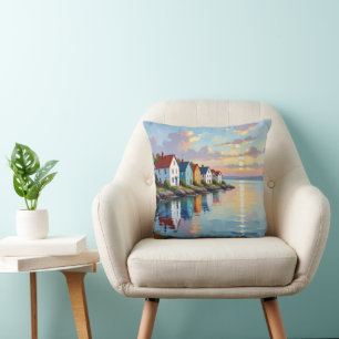 Coussin Thème côtier Maisons de plage sur la baie