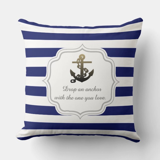Coussin Thème Nautique Ancre Sur Motif Rayure Bleue (Recto)