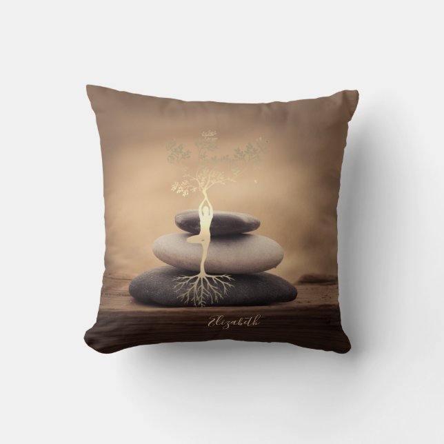 Coussin Therapist Zen Stones, Gold Tree Silhouette Brown (Recto)