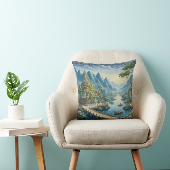 Coussin Thibaut Asiatique Pittoresque bleu et vert Décor (Chaise)