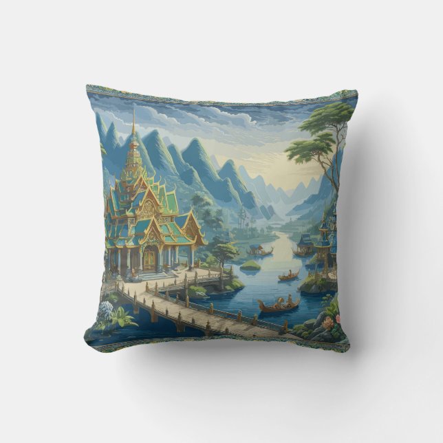 Coussin Thibaut Asiatique Pittoresque bleu et vert Décor (Recto)