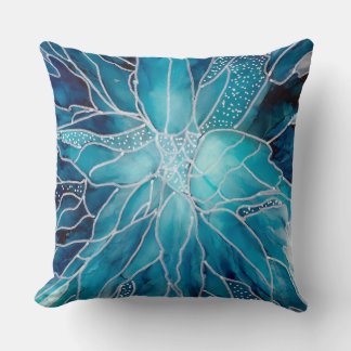 Coussin Throw Cushion -  Alcohol Ink Art Blue White Flower