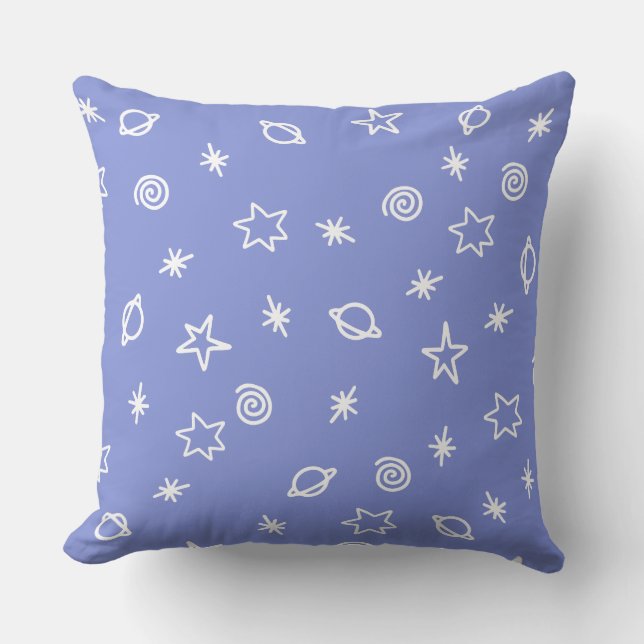 Coussin Throw Pillow Blue Space Doodle Stars Planets (Recto)