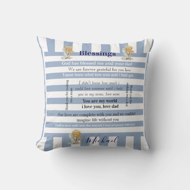 Coussin Throw Pillow Blue & White Stripe Blessings  (Recto)