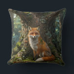 Coussin Throw Pillow Fox in the forest<br><div class="desc">The pillow depicts a fox hiding under a mossy tree.</div>